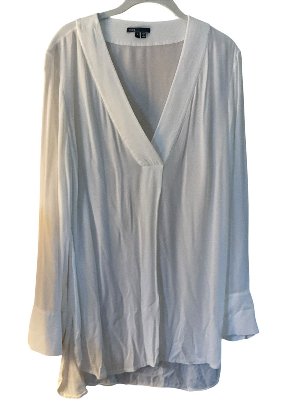 Vince White Silk Blend Tunic Blouse Long Sleeve V-Neck Hi Low Top Size Large - Picture 2 of 8
